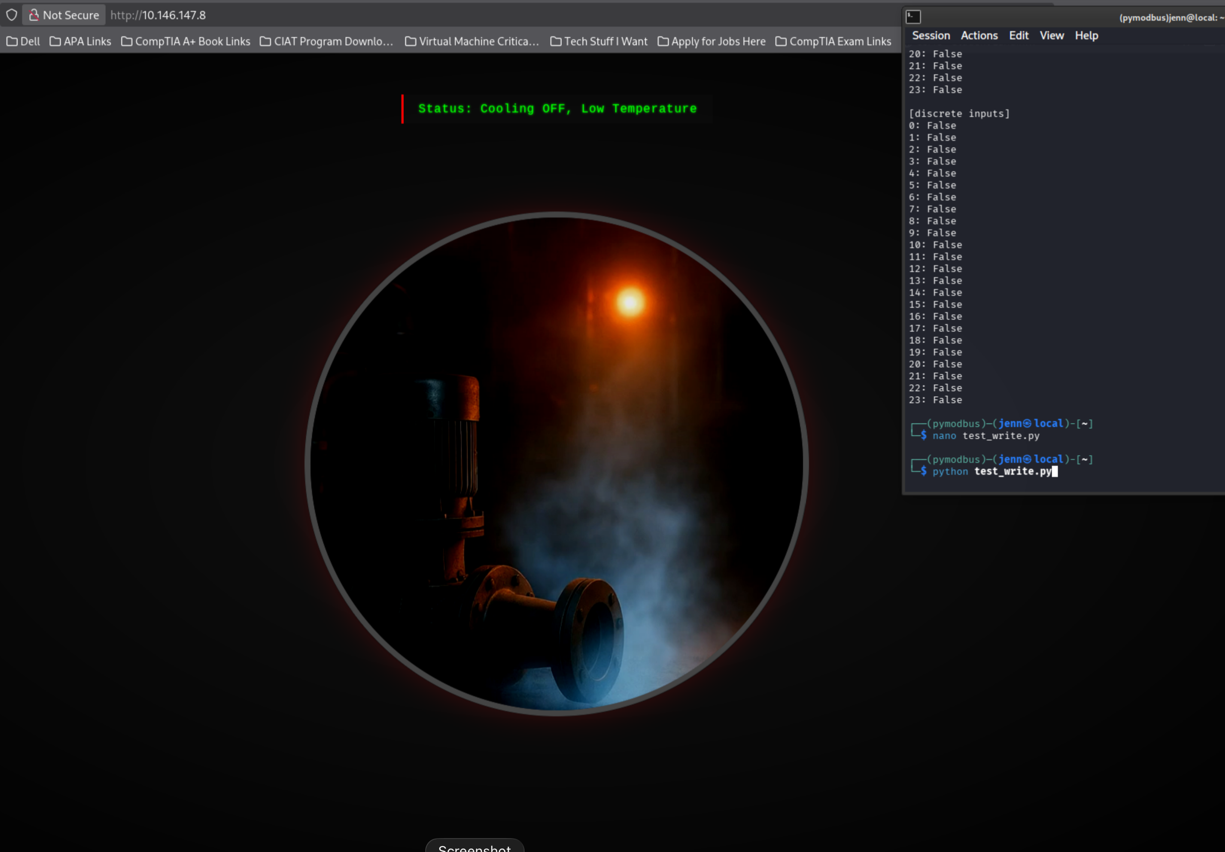 Port 80 browser state showing Cooling OFF Low Temperature before test_write
